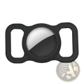 Black silicone strap buckle with silver and black two-tone circular center on Apple Airtag silicone pet tracker case