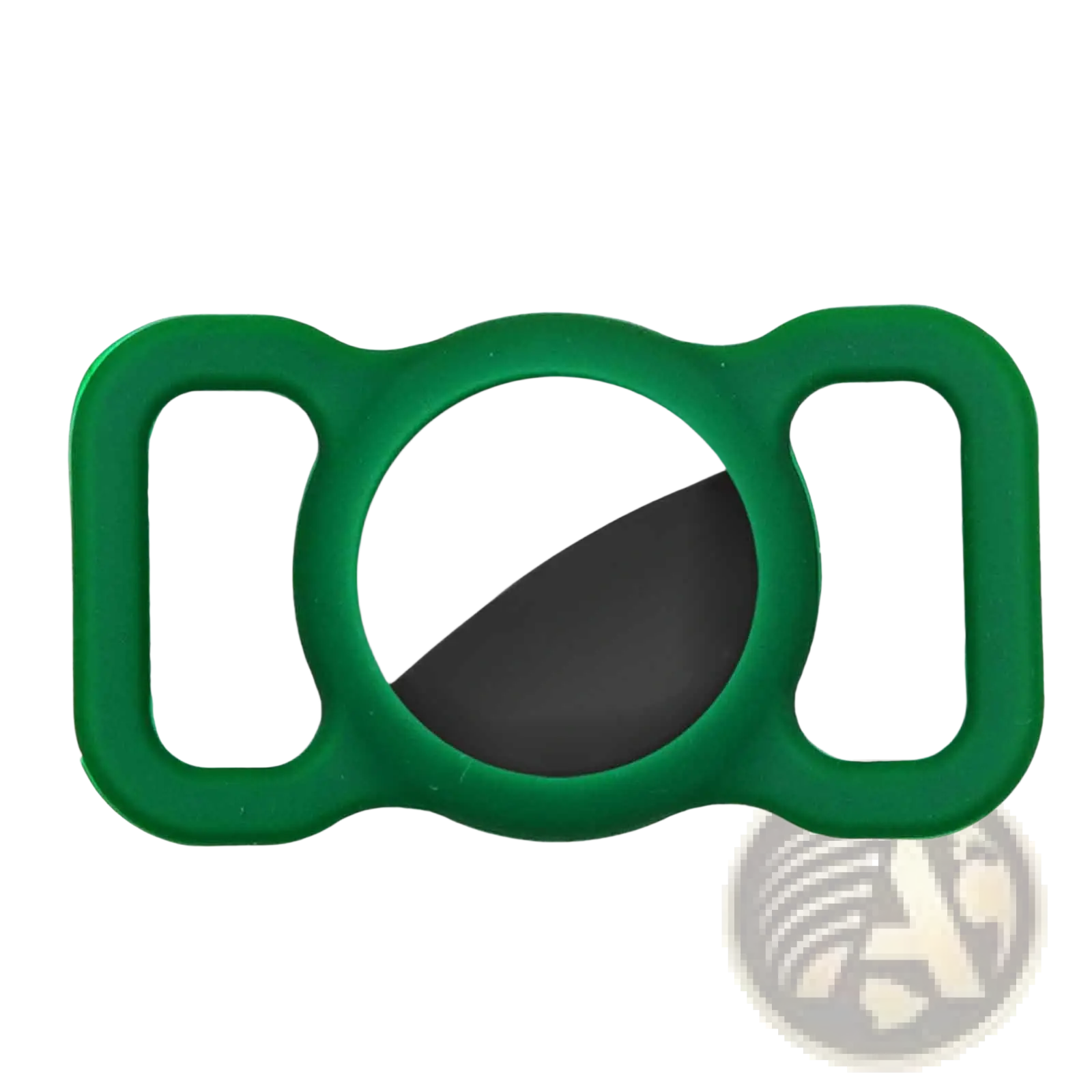 Green silicone protective case for apple airtag pet tracker with circular cutout revealing the watch face