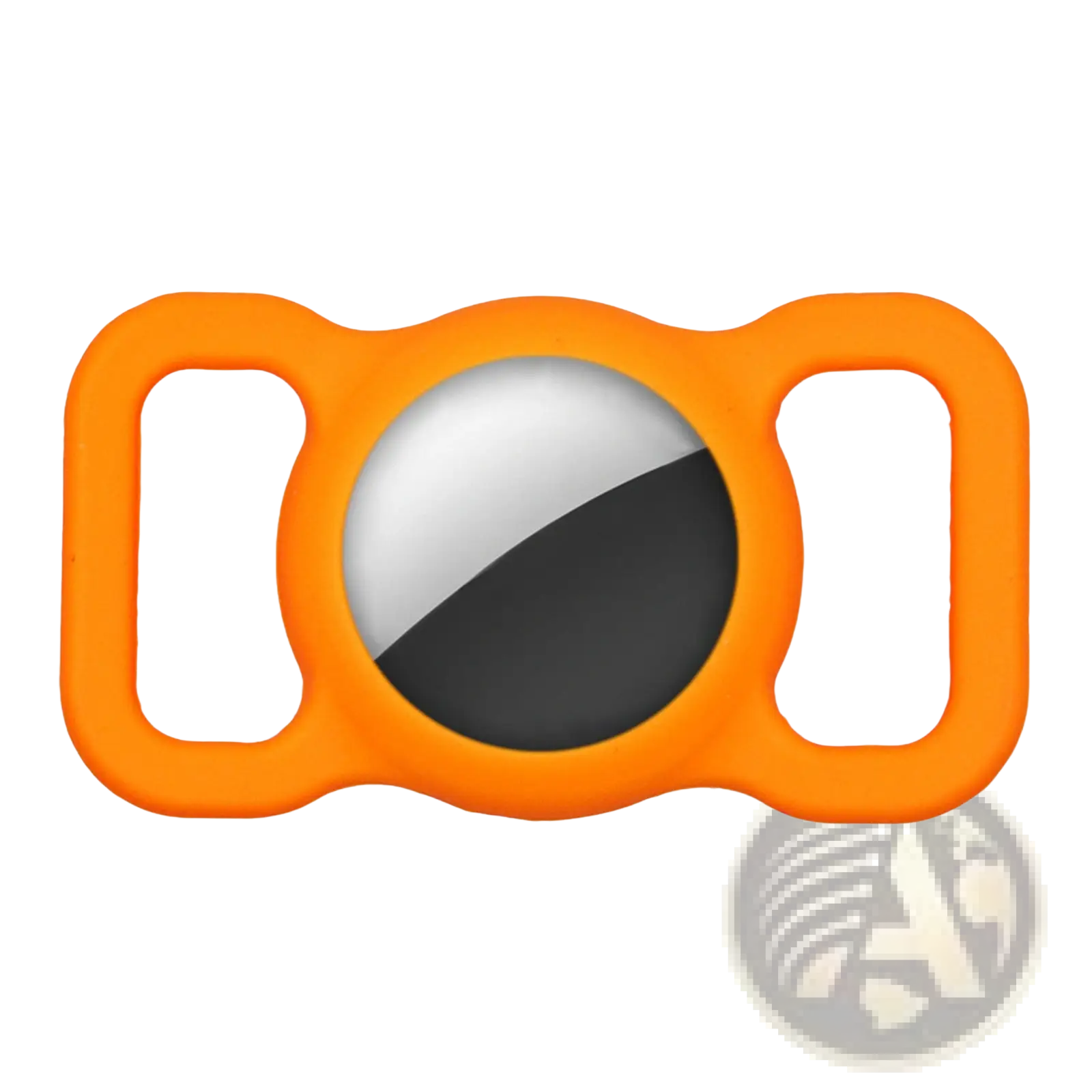 Orange silicone protective case for apple airtag pet tracker with circular cutout revealing watch face