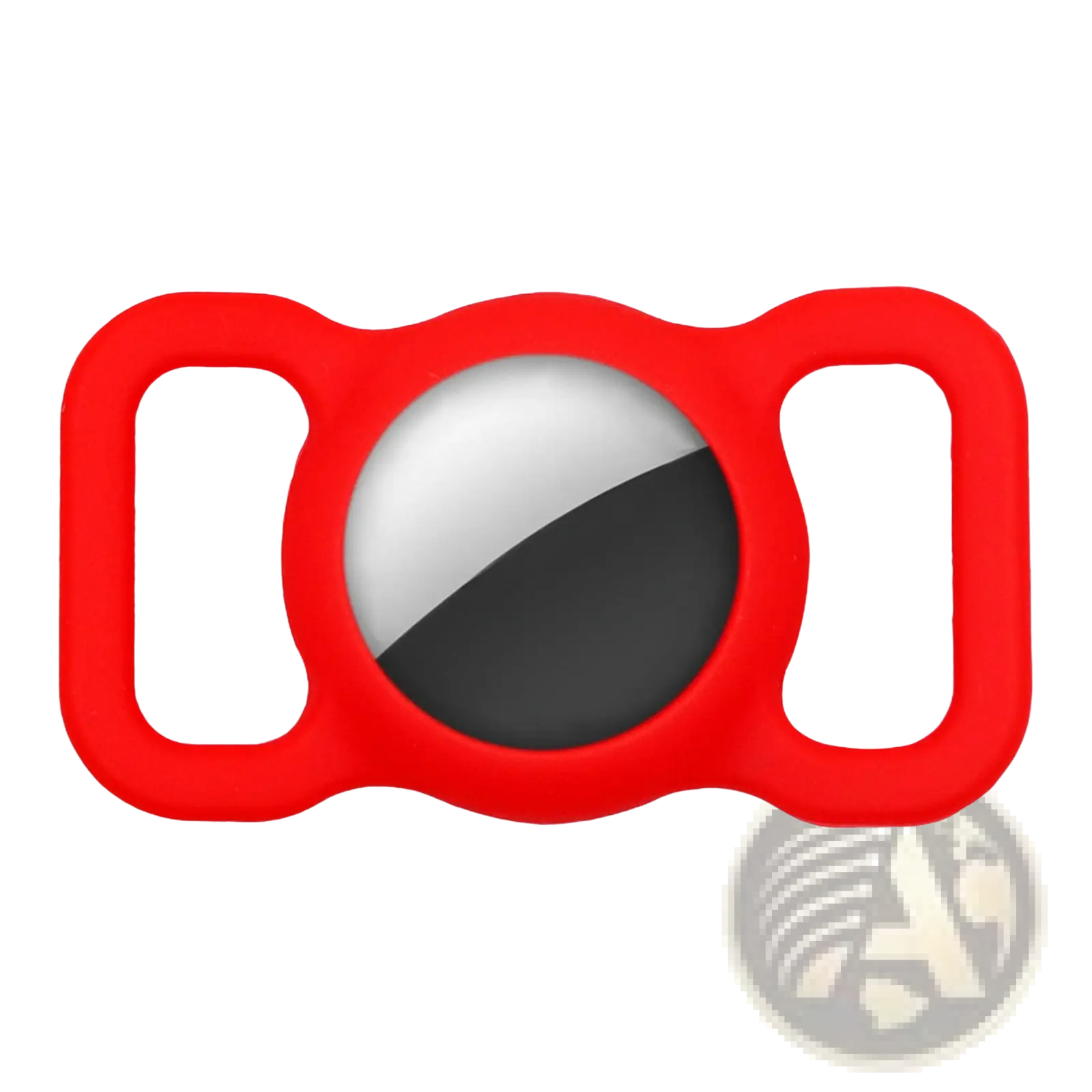 Red silicone protective case for apple airtag pet tracker with circular cutout revealing the apple watch face