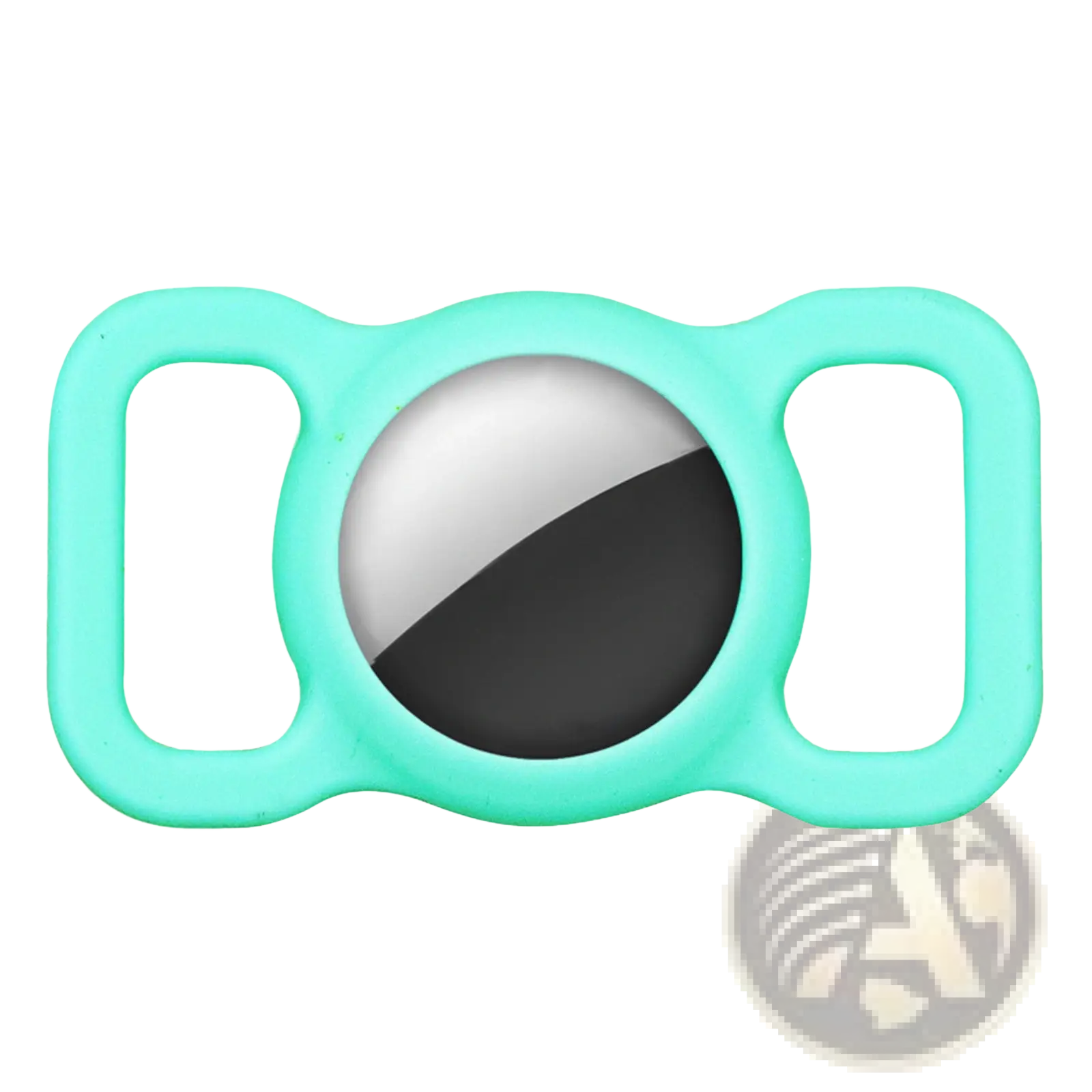 A mint green silicone apple airtag pet tracker protective case with a central opening showing the device’s front