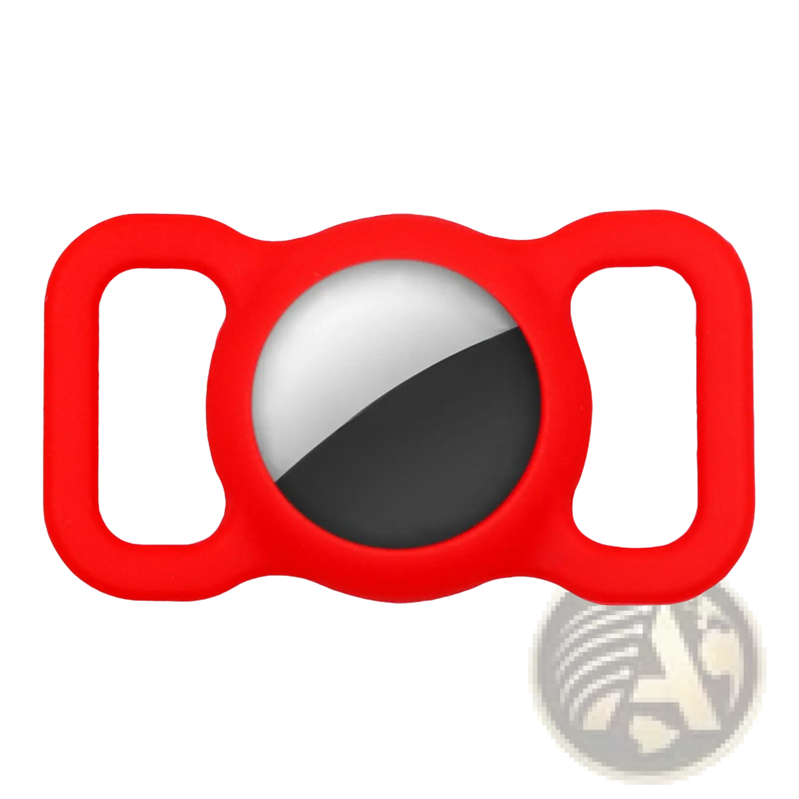 Red silicone apple airtag protective case with central circular cutout showing silver and black watch face halves