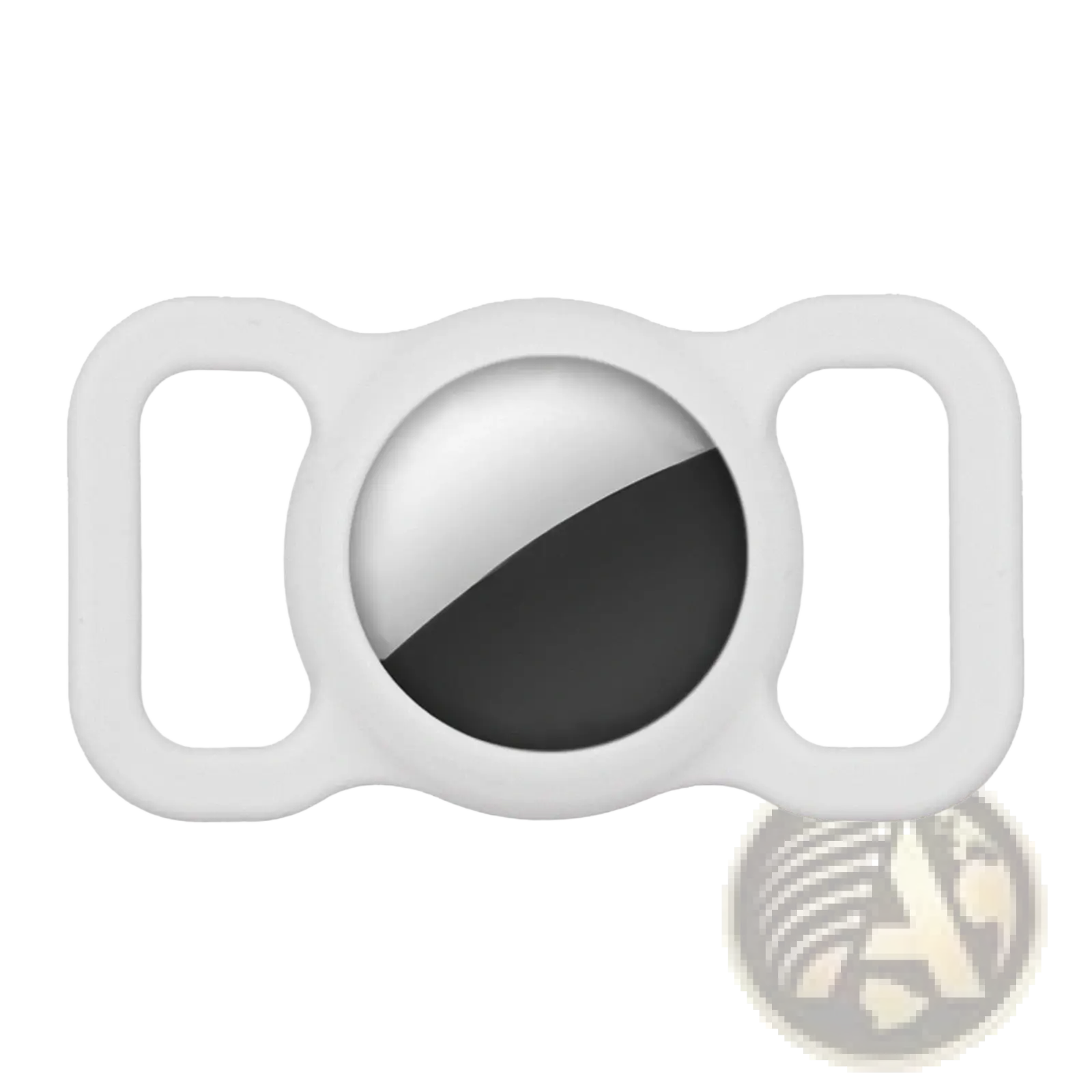 White silicone apple airtag protective case with circular cutout showing silver and black device halves for pet tracking