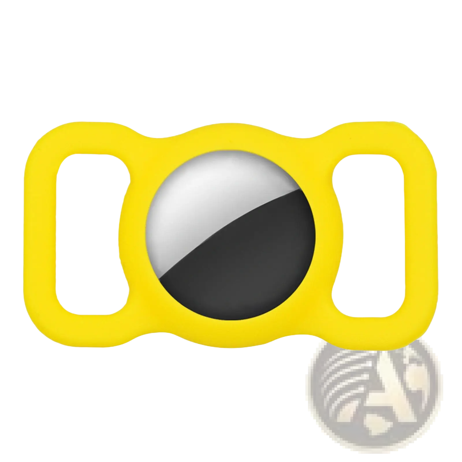 Bright yellow silicone apple airtag pet tracker protective case with central opening showing silver and black airtag halves