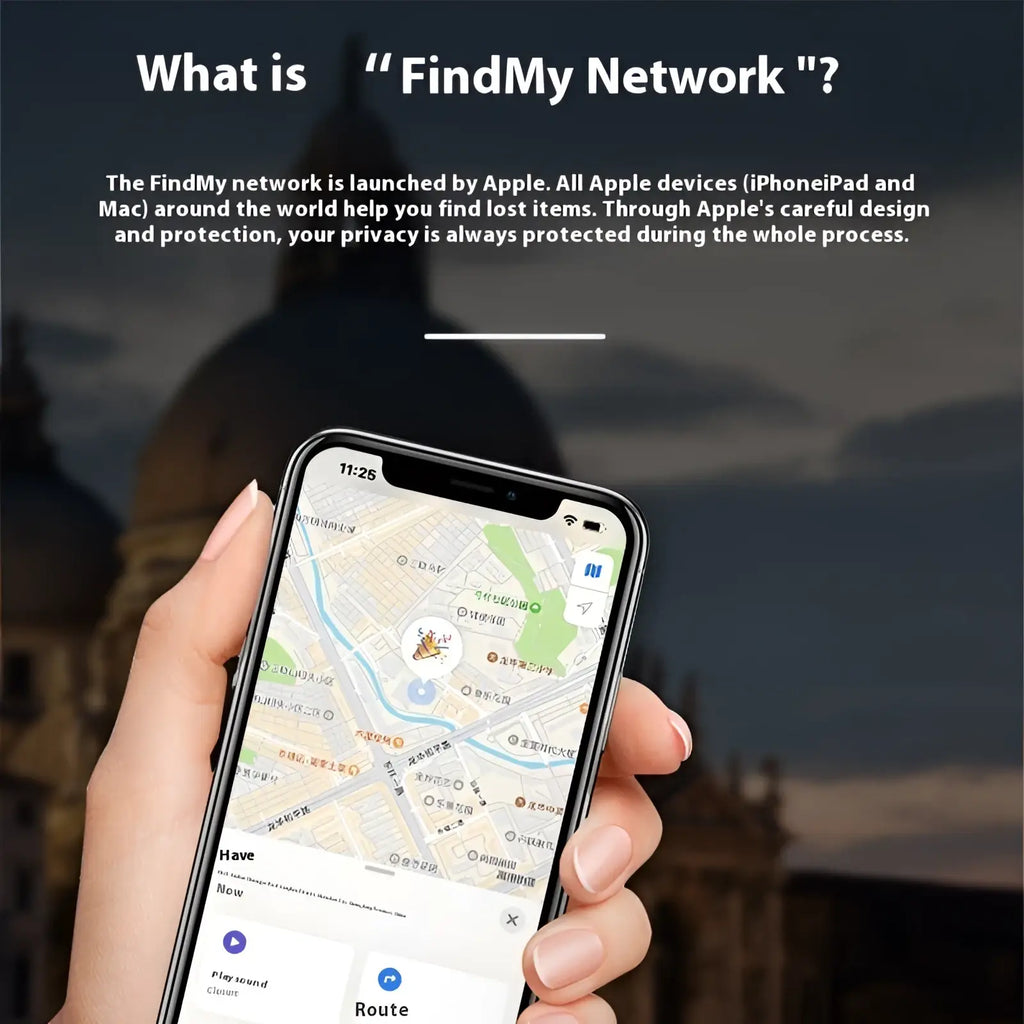 Black iphone displaying apple find my bluetooth tracker locator app with map and location marker on screen