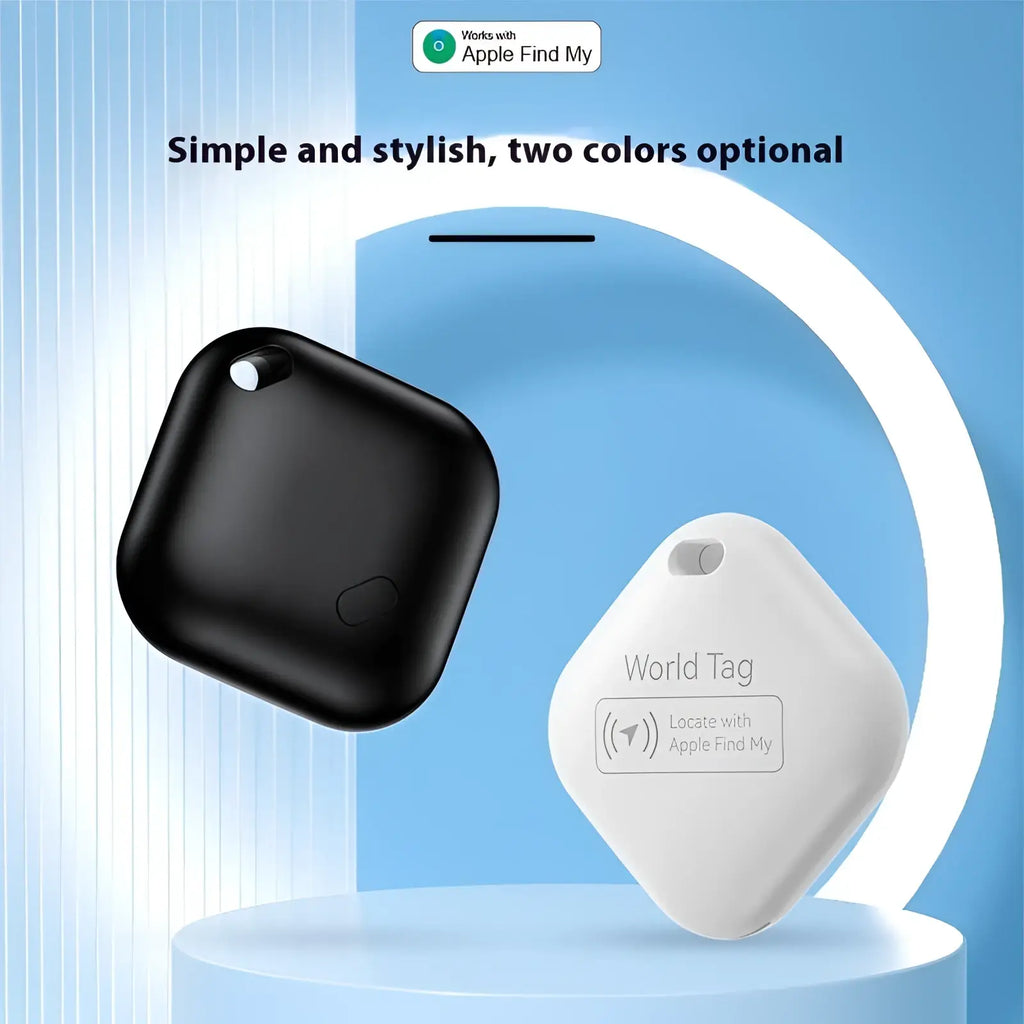 Black and white Apple Find My Bluetooth tracker locators with sleek rounded square design for locating lost items