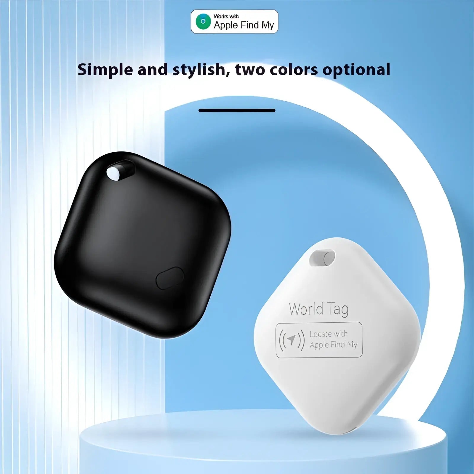 Black and white Apple Find My Bluetooth tracker locators with sleek rounded square design for locating lost items