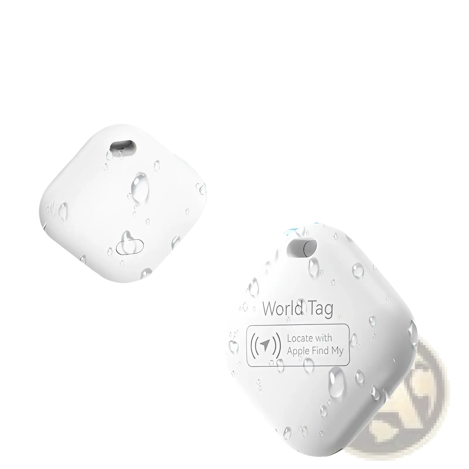 White square-shaped Apple Find my Bluetooth tracker locator tag with rounded corners and attachment hole