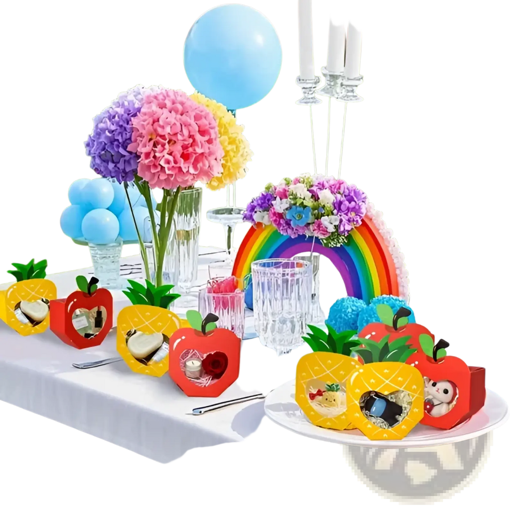 Colorful paper apple and pineapple party favor boxes with clear heart-shaped windows 20 pcs for candy holders