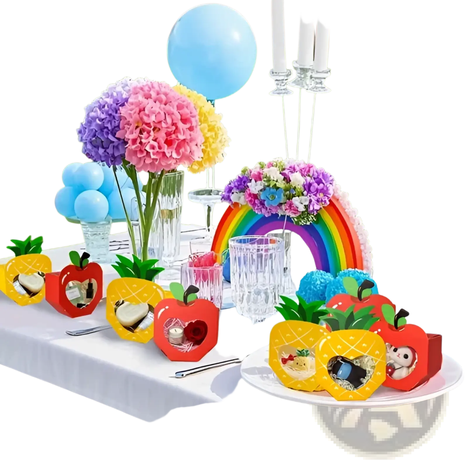 Colorful paper apple and pineapple party favor boxes with clear heart-shaped windows 20 pcs for candy holders