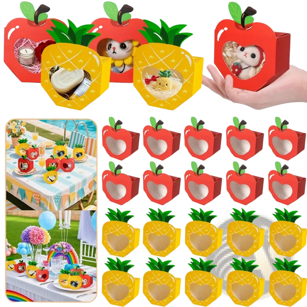 Apple party favor boxes in red and yellow with green leaf tops and heart cut windows 20 pcs for celebrations