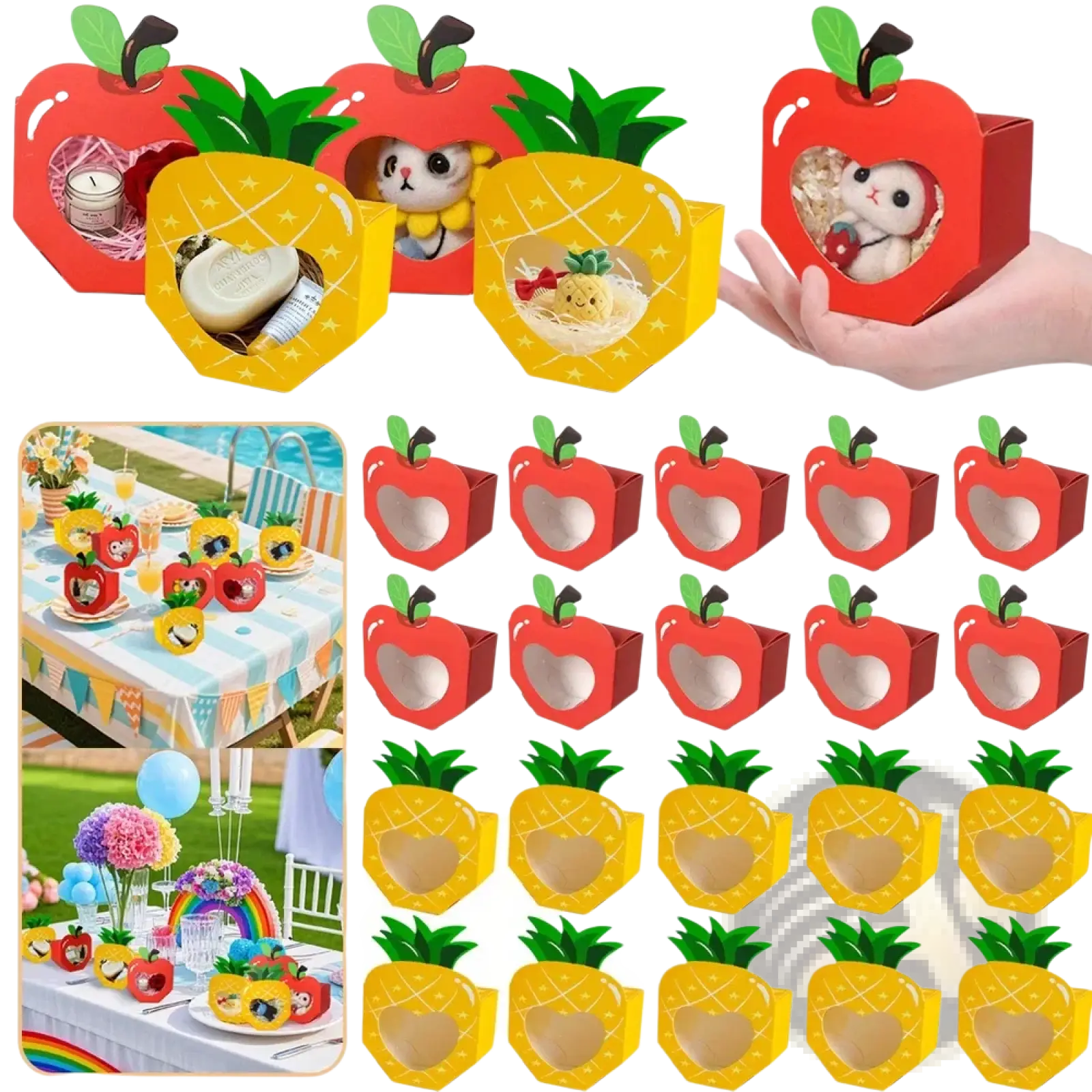 Apple party favor boxes in red and yellow with green leaf tops and heart cut windows 20 pcs for celebrations