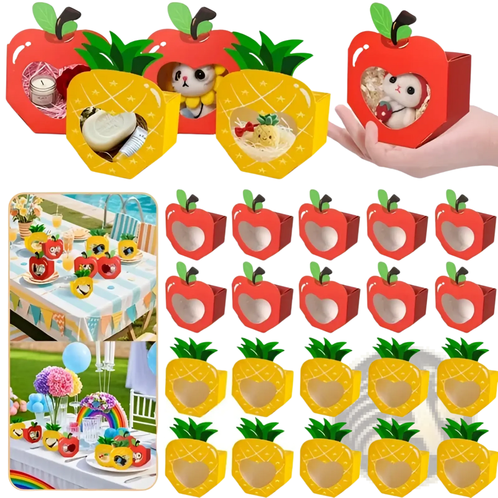 Apple party favor boxes 20 pcs red and yellow apple shaped with green leaf tops and heart window display panels