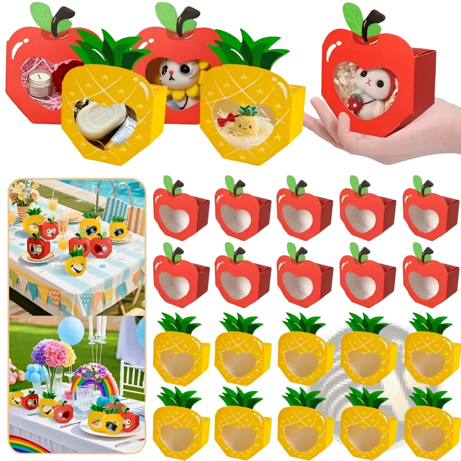 Apple party favor boxes 20 pcs red and yellow apple shaped with green leaf tops and heart window display panels