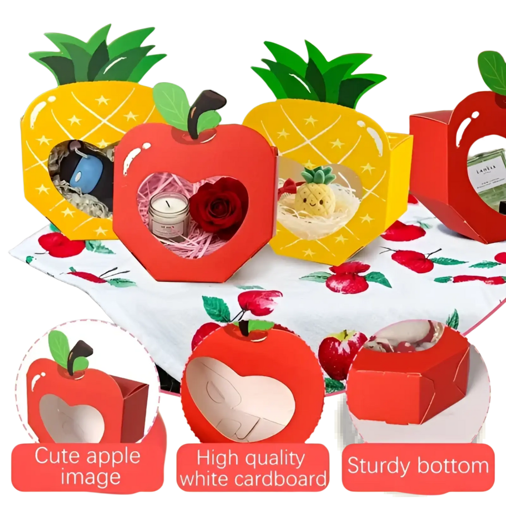 Red apple party favor boxes made of white cardboard with heart cutout window and green leaf accents 20 pcs