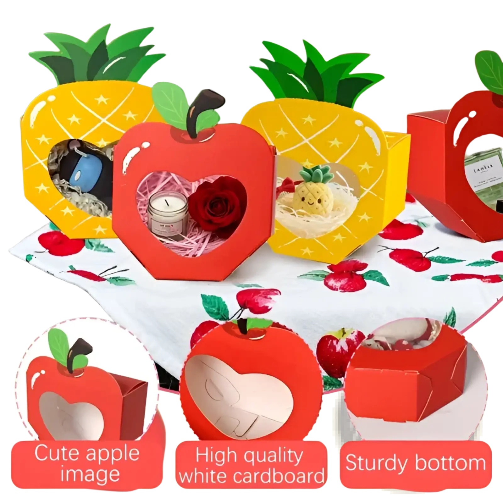 Red apple party favor boxes made of white cardboard with heart cutout window and green leaf accents 20 pcs