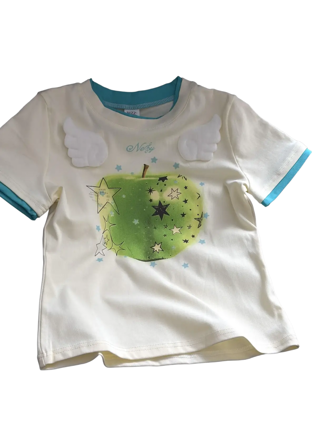 Cream-colored cotton apple print round neck t-shirt with turquoise trim and white angel wing shoulder patches