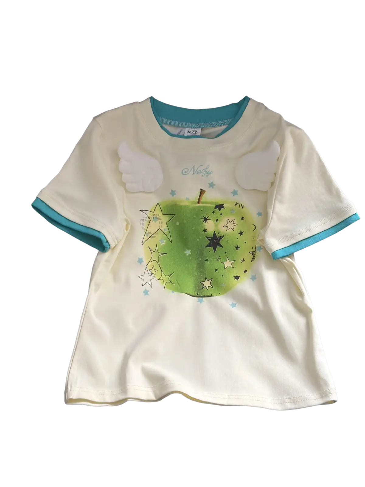 Cream-colored cotton round neck t-shirt with teal trim featuring an apple print with stars and white angel wings