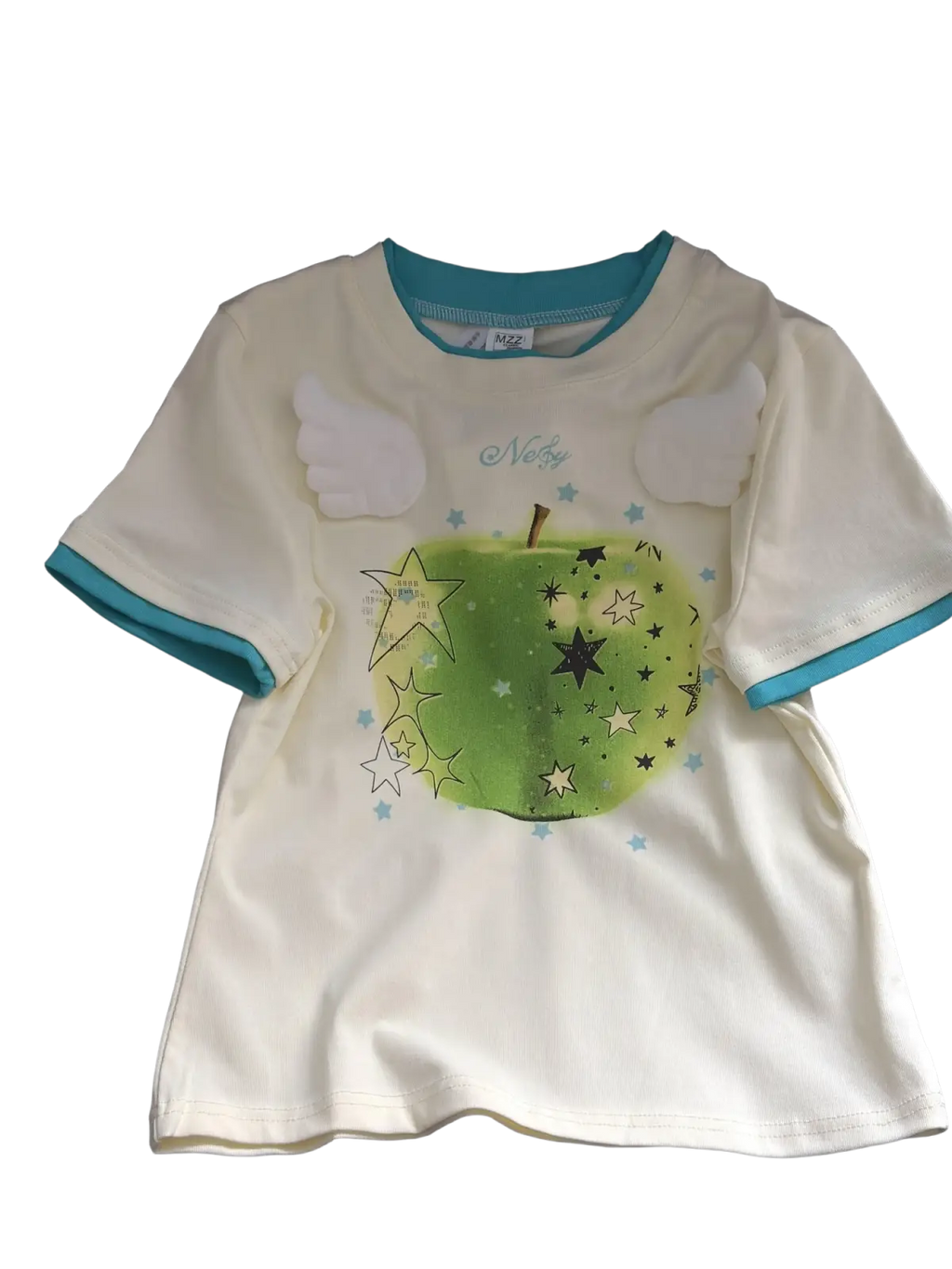 Off-white short-sleeved cotton t-shirt with teal trim and apple print featuring a round neck and wing appliqués