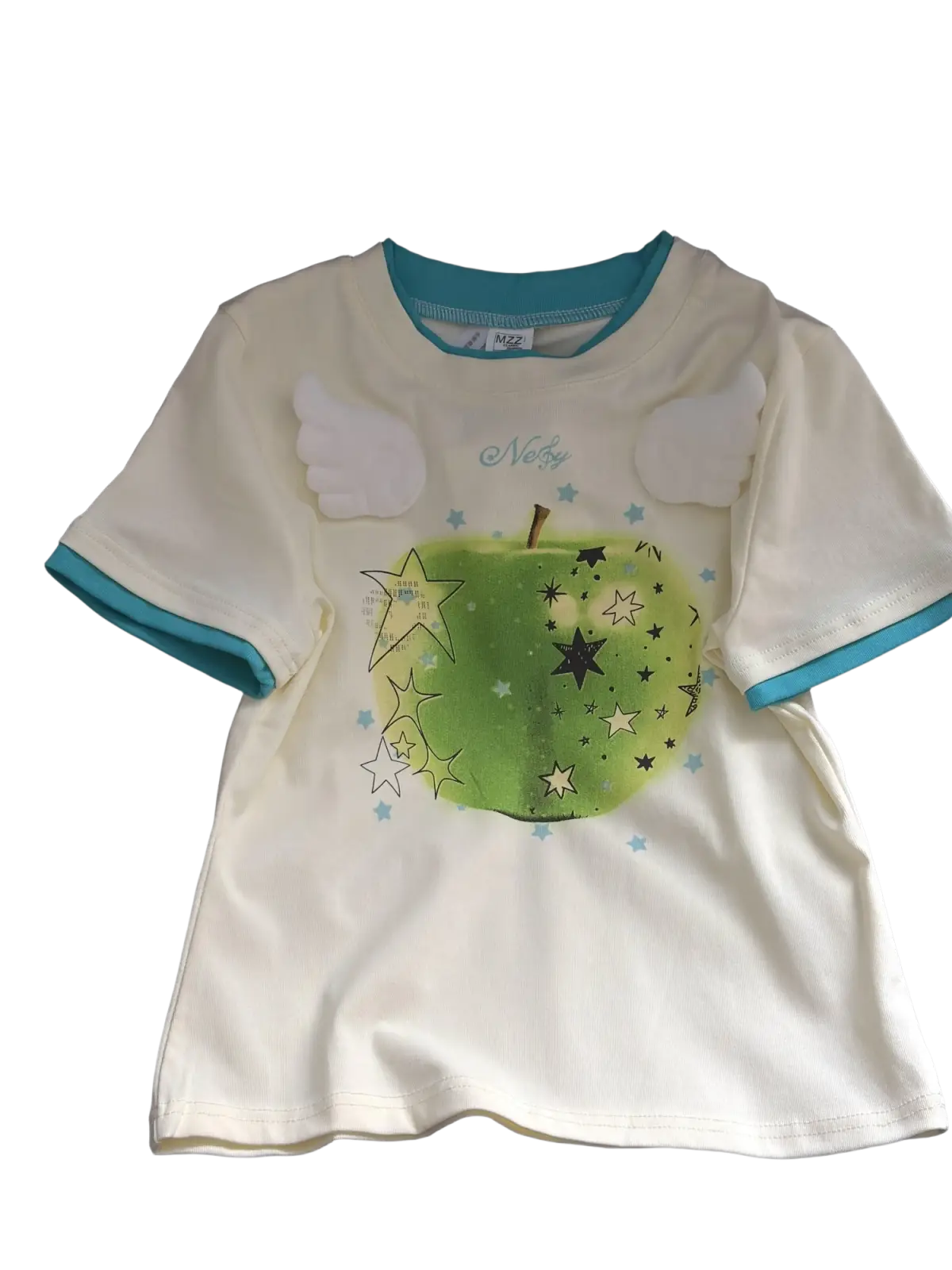 Off-white short-sleeved cotton t-shirt with teal trim and apple print featuring a round neck and wing appliqués