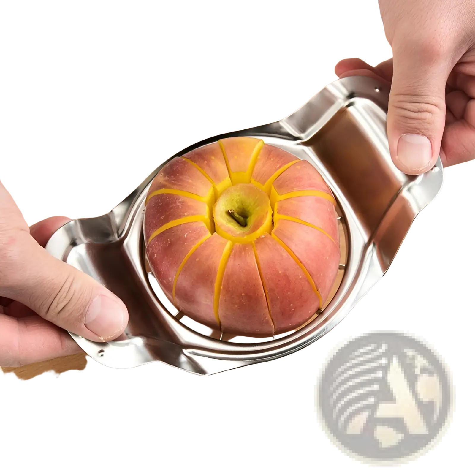 Shiny stainless steel apple slicer with 8 blade corer and handle grips for efficient fruit cutting
