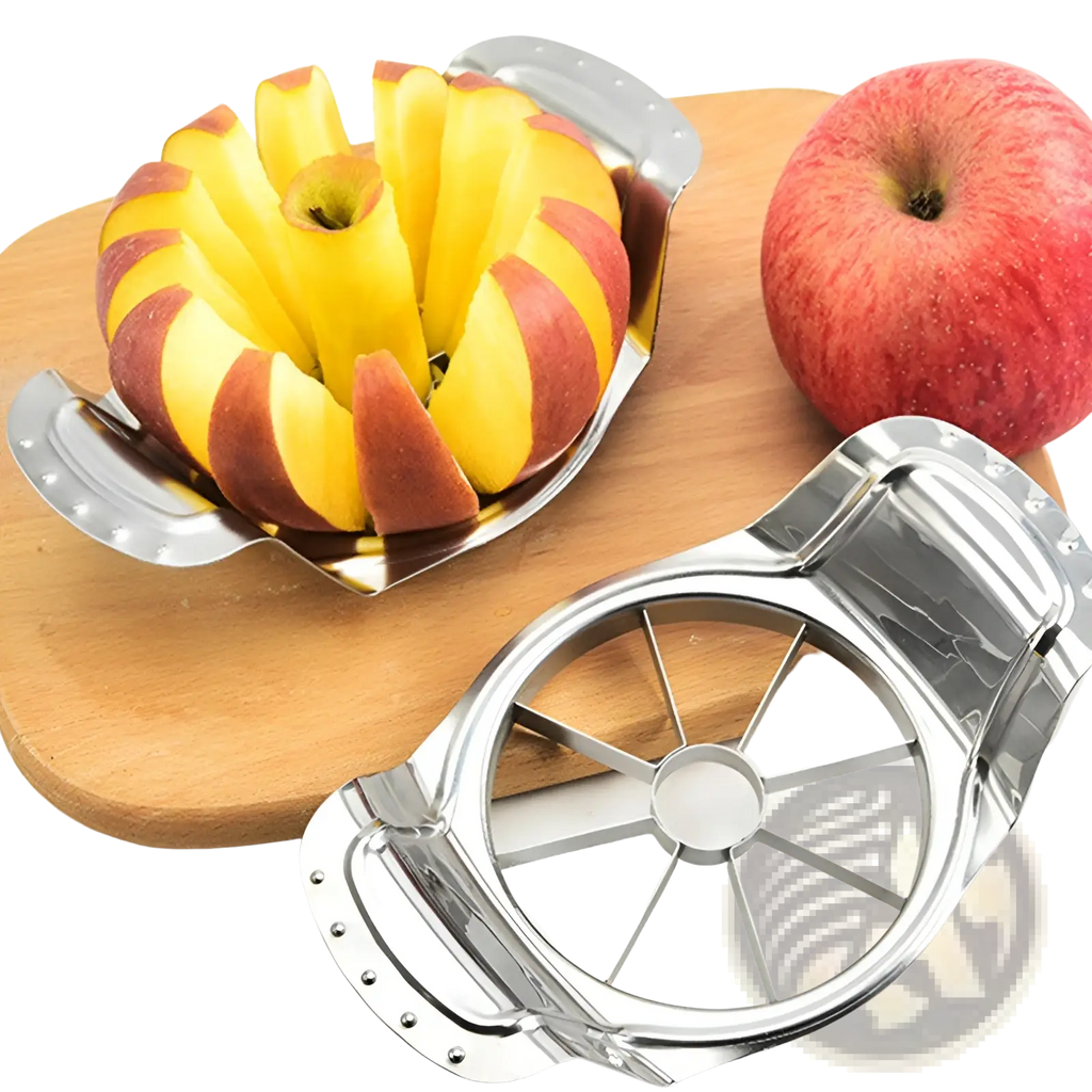 Shiny stainless steel apple slicer with eight blades and a circular handle designed for easy gripping and coring