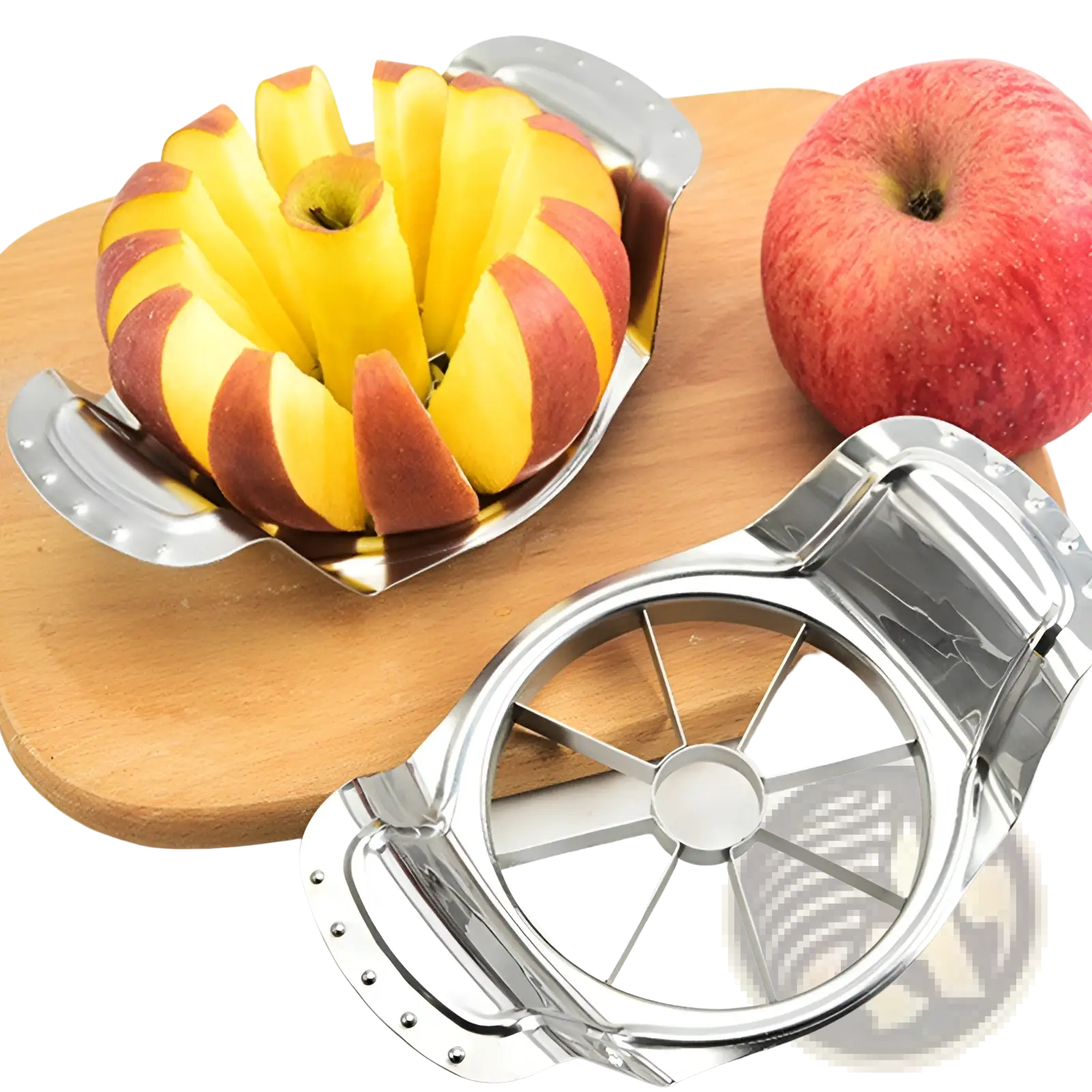 Shiny stainless steel apple slicer with eight blades and a circular handle designed for easy gripping and coring
