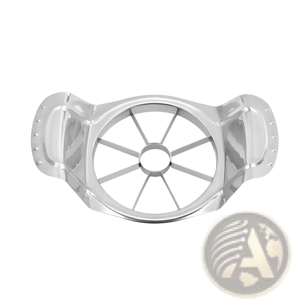 Shiny stainless steel apple slicer with two ergonomic handles and an 8 blade circular cutting grid corer tool
