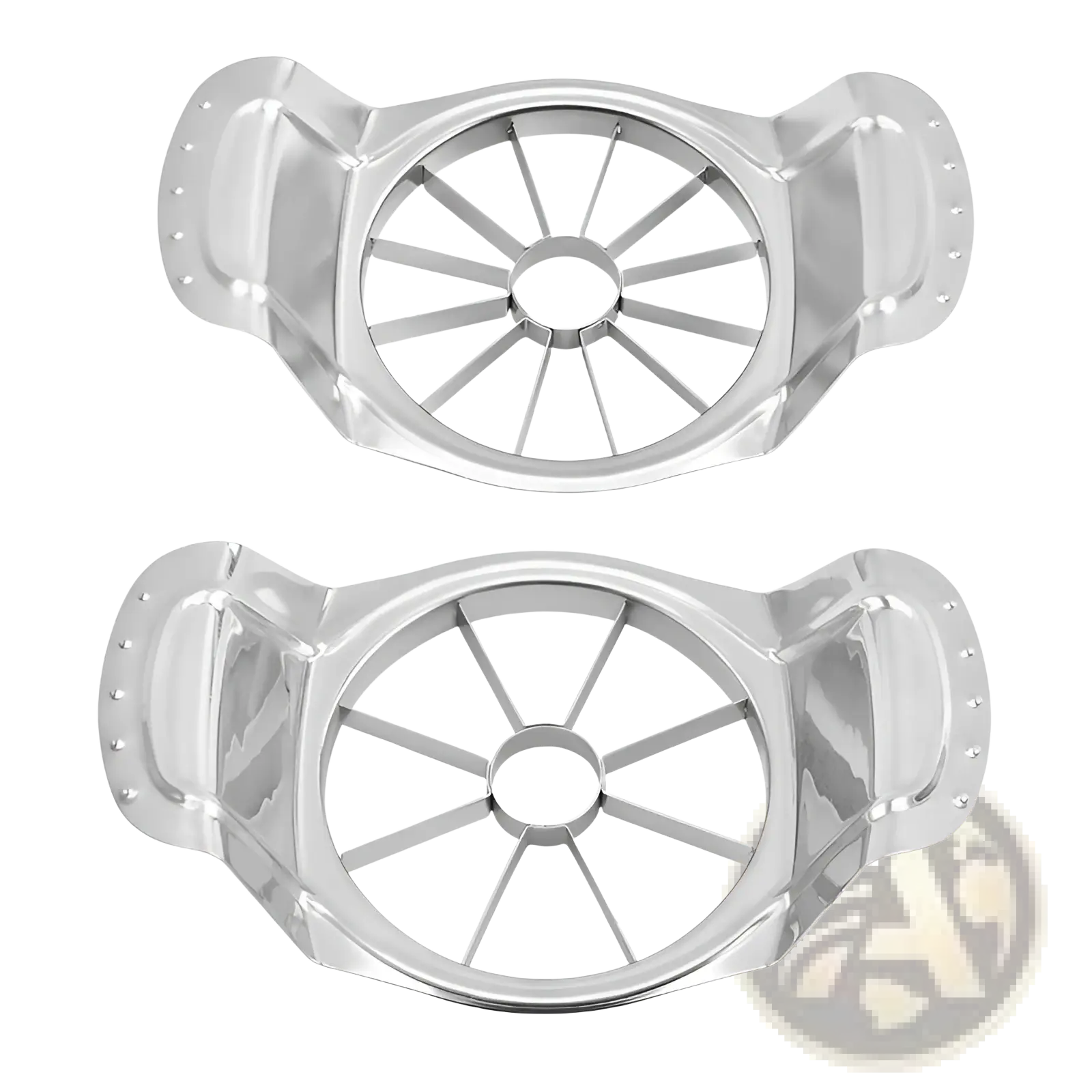 Two shiny stainless steel apple slicers with 8 blade corers and ergonomic handles for easy fruit preparation