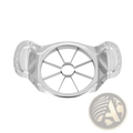 Shiny stainless steel apple slicer with two ergonomic handles and an 8 blade circular cutting grid corer tool