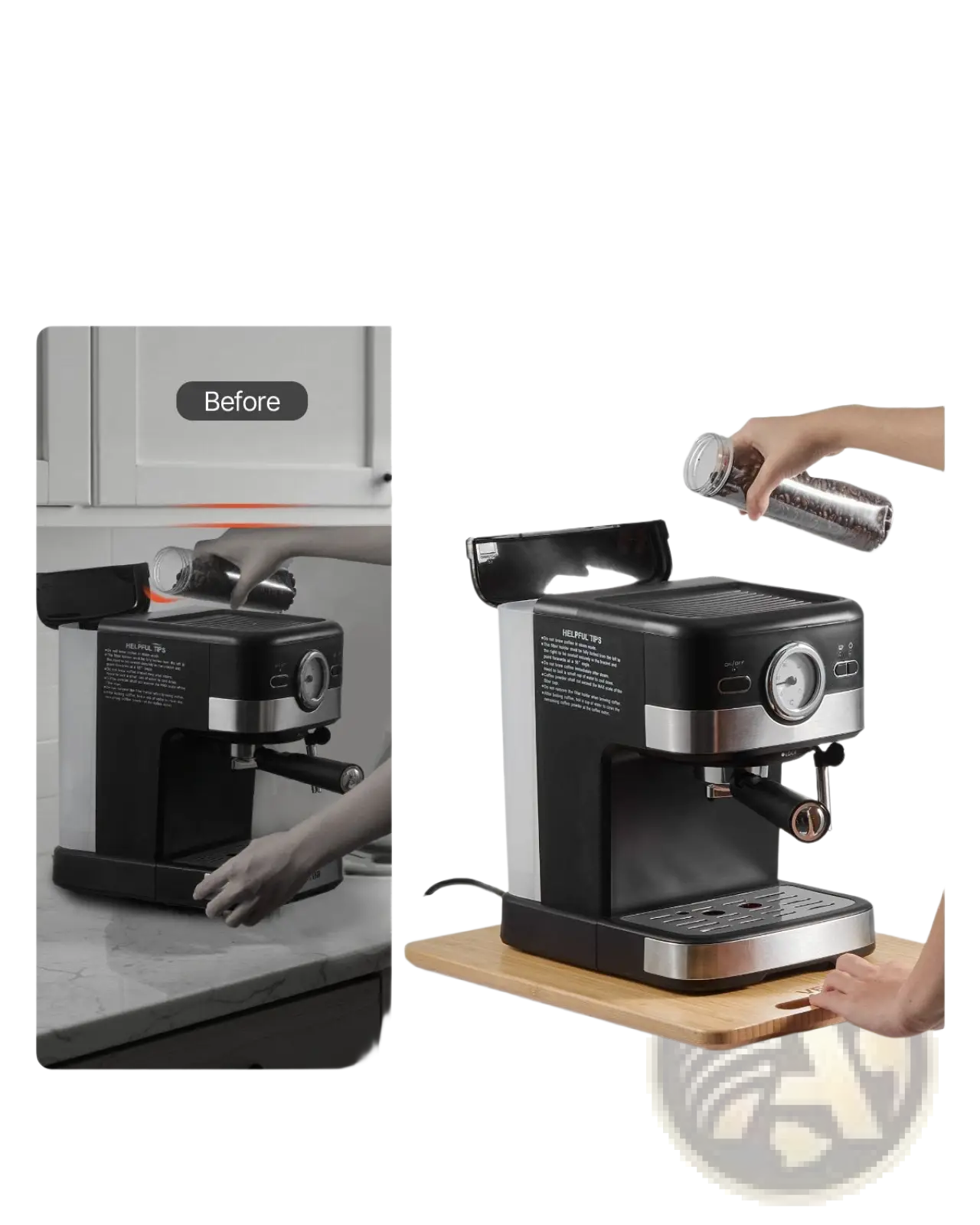 Black and stainless steel espresso machine with sleek modern design on a bamboo kitchen sliding tray appliance slider 16x12