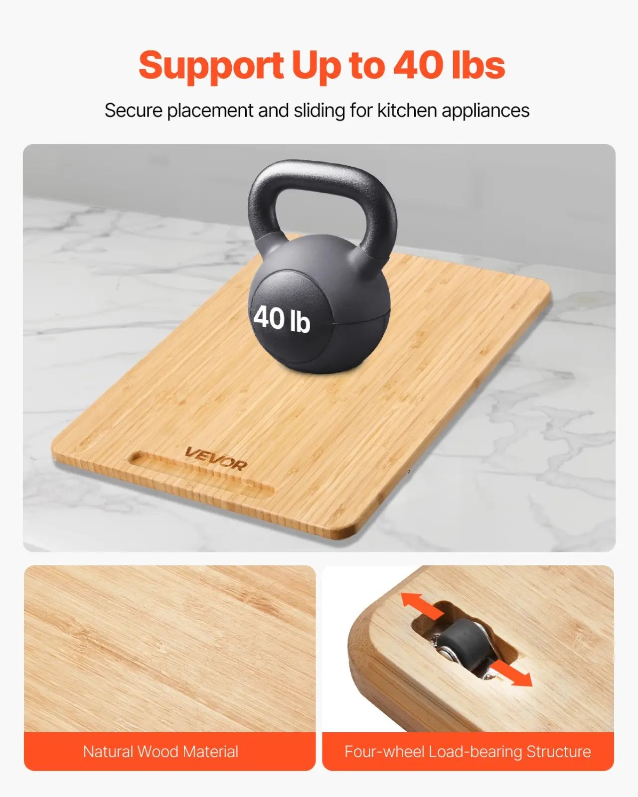 Black 40 lb kettlebell resting on a 16x12 bamboo kitchen sliding tray with four wheel load bearing structure