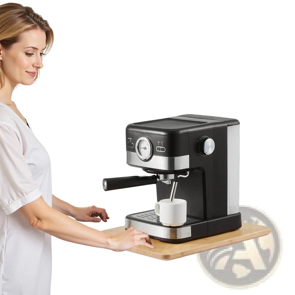 Black and silver espresso machine with round pressure gauge and chrome accents on a bamboo kitchen sliding tray