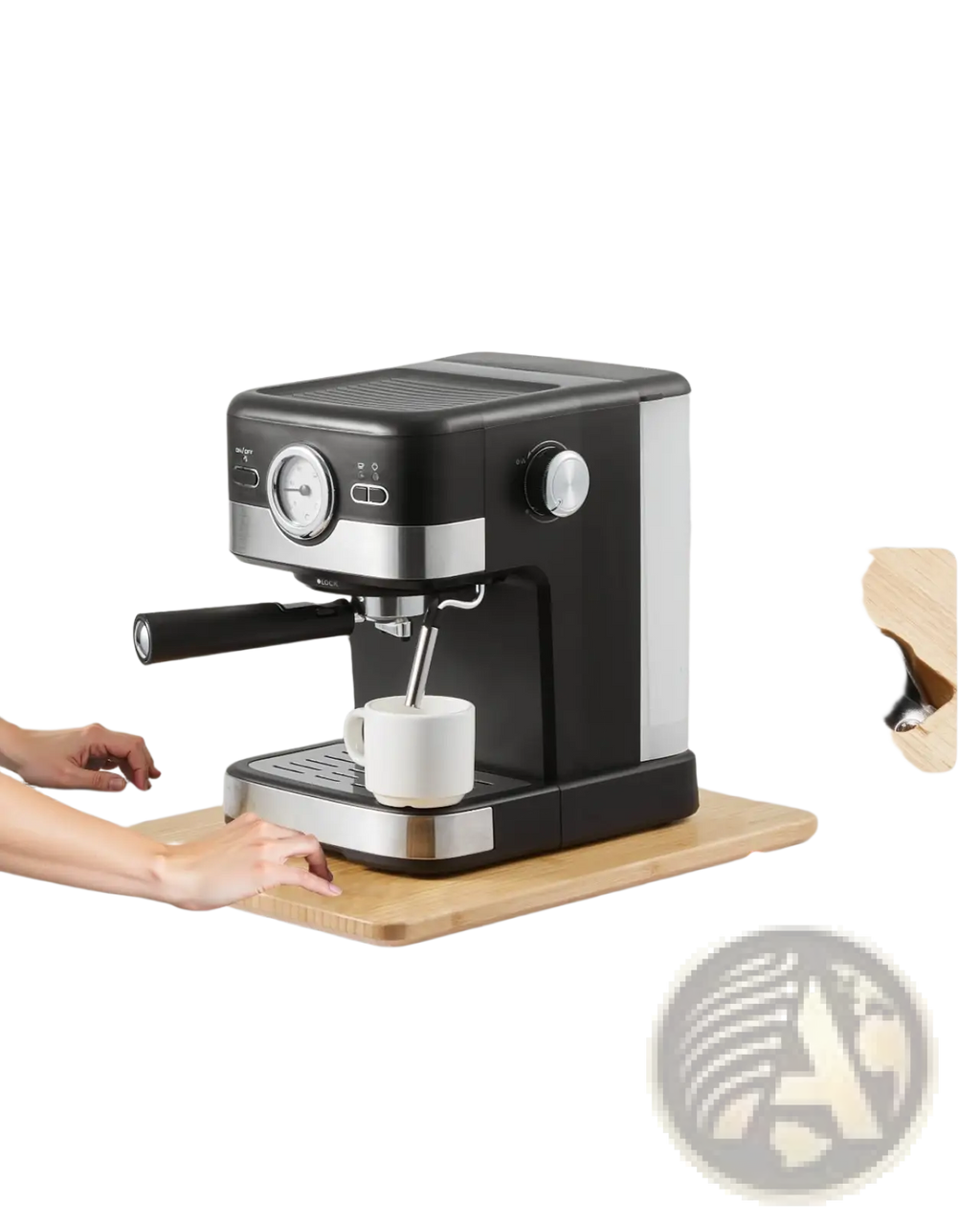 Black and silver espresso machine with sleek modern design on bamboo kitchen sliding tray for convenient appliance use