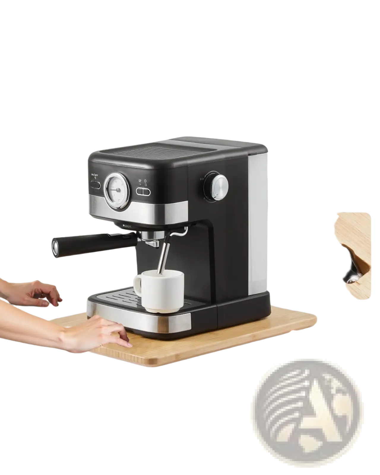 Black and silver espresso machine with sleek modern design on bamboo kitchen sliding tray for convenient appliance use