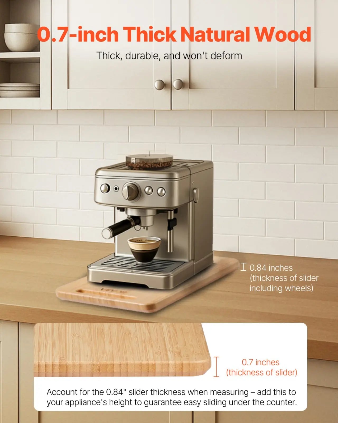 Silver espresso machine with sleek modern design and stainless steel finish displayed on bamboo kitchen sliding tray