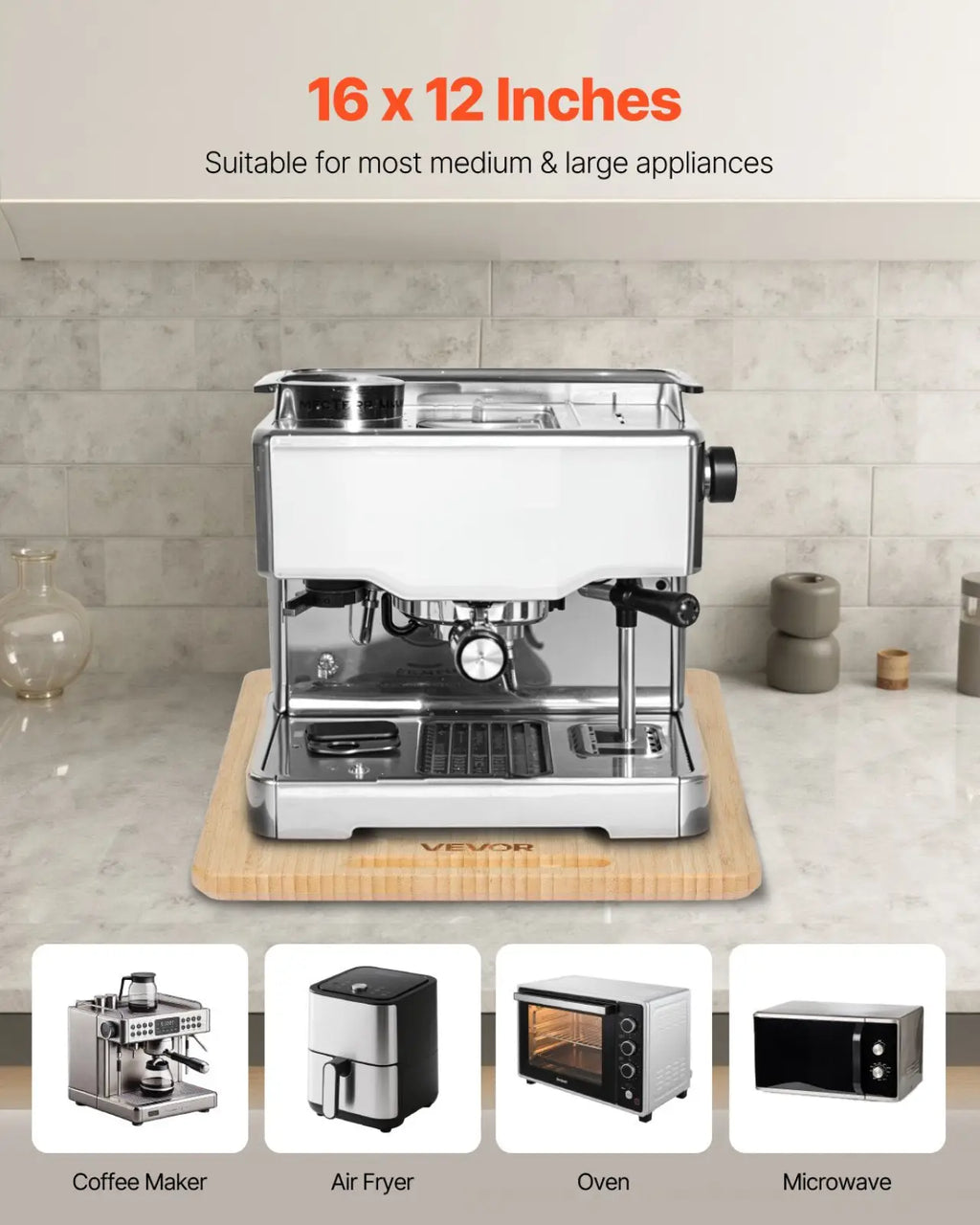 Stainless steel and white espresso machine with sleek modern design on a bamboo kitchen sliding tray appliance slider 16x12