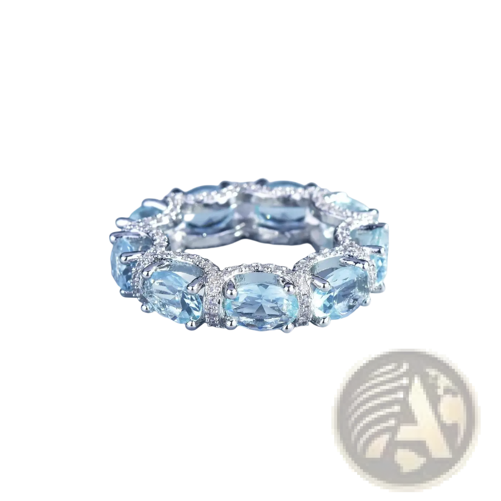 Elegant silver band ring with oval-cut sky blue topaz and sparkling diamonds from aquamarine crystal bridal jewelry set