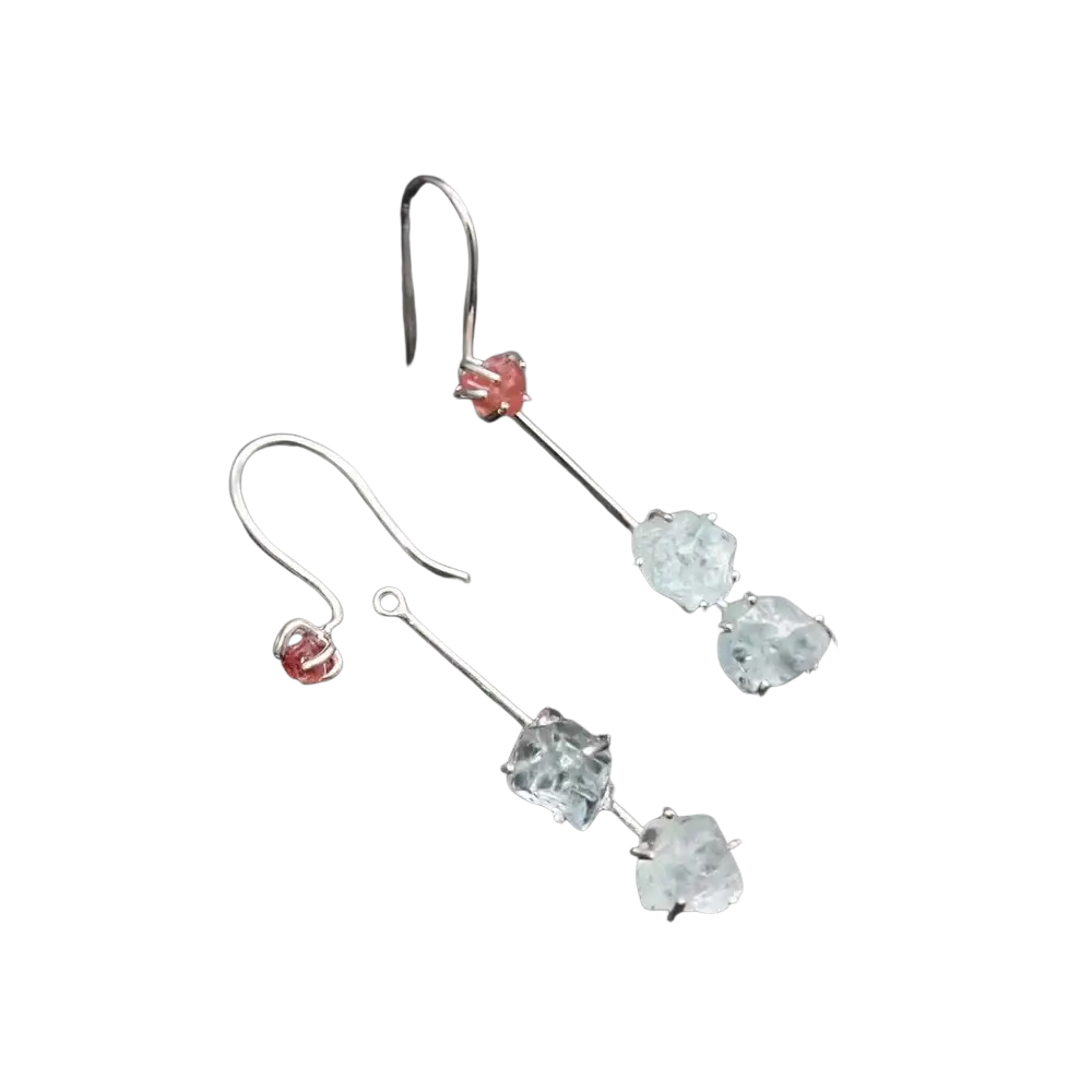 Aquamarine spinel silver drop earrings with delicate hook, featuring pink and three clear faceted gemstones