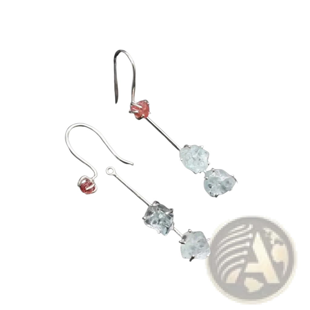 Aquamarine spinel silver drop earrings with delicate hook, featuring pink and three clear faceted gemstones