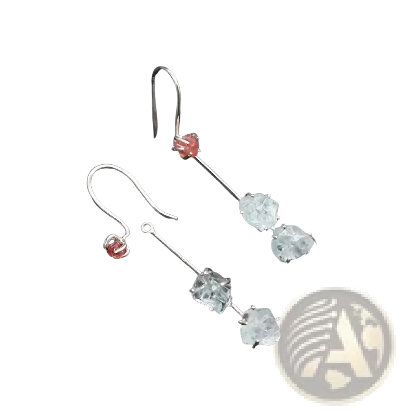 Aquamarine spinel silver drop earrings with delicate hook, featuring pink and three clear faceted gemstones
