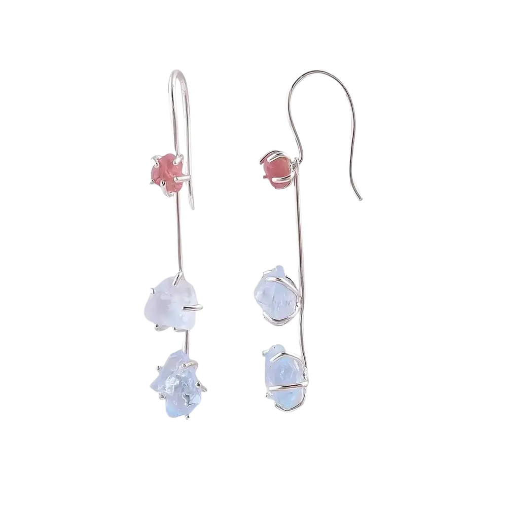 Aquamarine spinel silver drop earrings from bolai jewelry with delicate silver hook and natural pink and blue gemstones