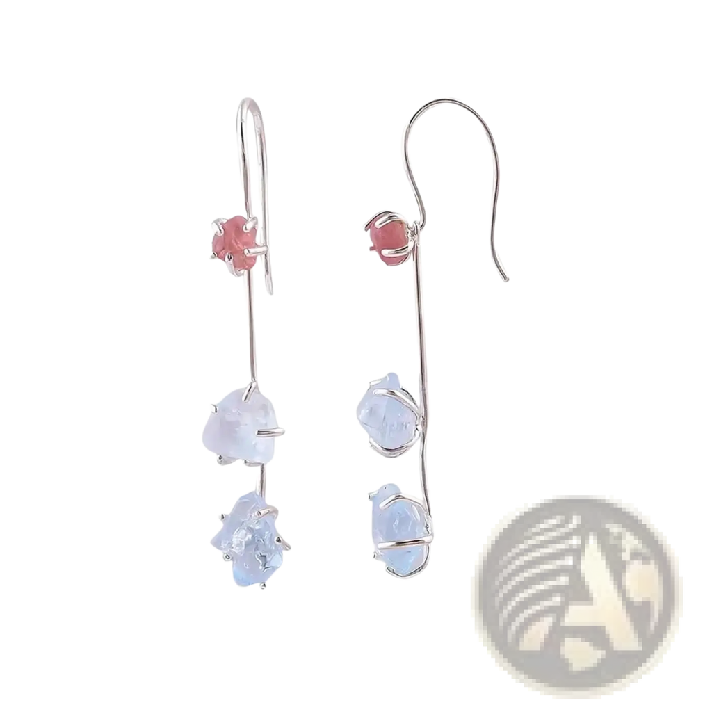 Aquamarine spinel silver drop earrings from bolai jewelry with delicate silver hook and natural pink and blue gemstones