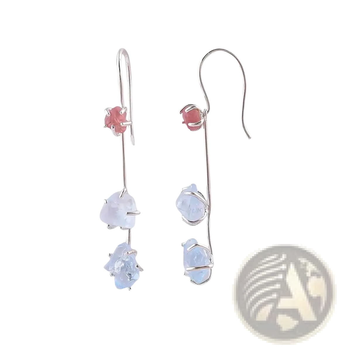 Aquamarine spinel silver drop earrings from bolai jewelry with delicate silver hook and natural pink and blue gemstones