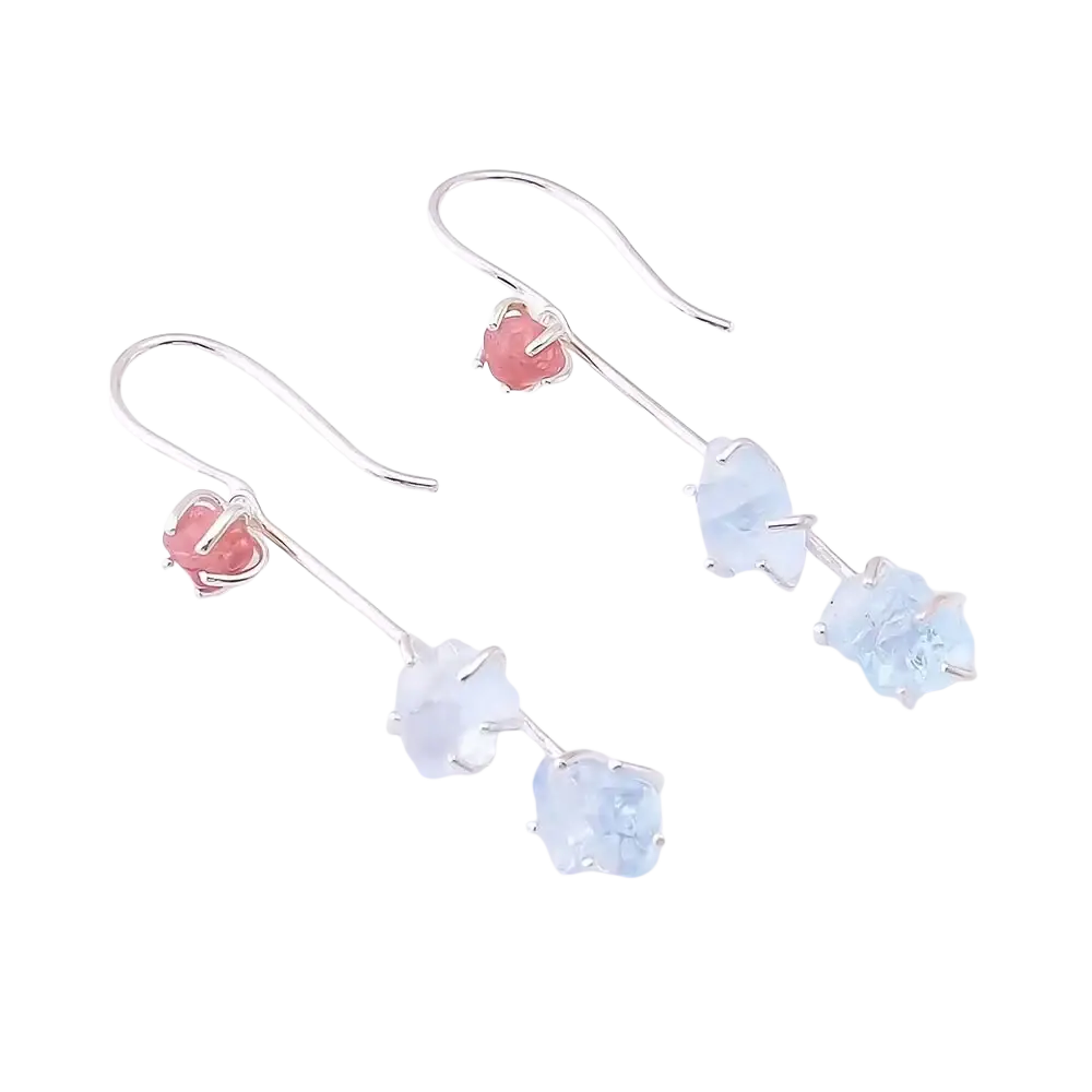 Silver hook aquamarine spinel drop earrings with a pink gemstone top and two light blue faceted stones below