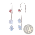 Silver drop earrings featuring a pink spinel gemstone and two light blue raw aquamarine stones below