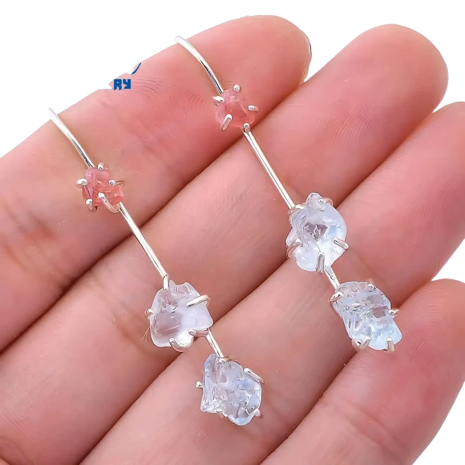 Silver-toned aquamarine spinel drop earrings with delicate wire design and three pink and clear quartz gemstones
