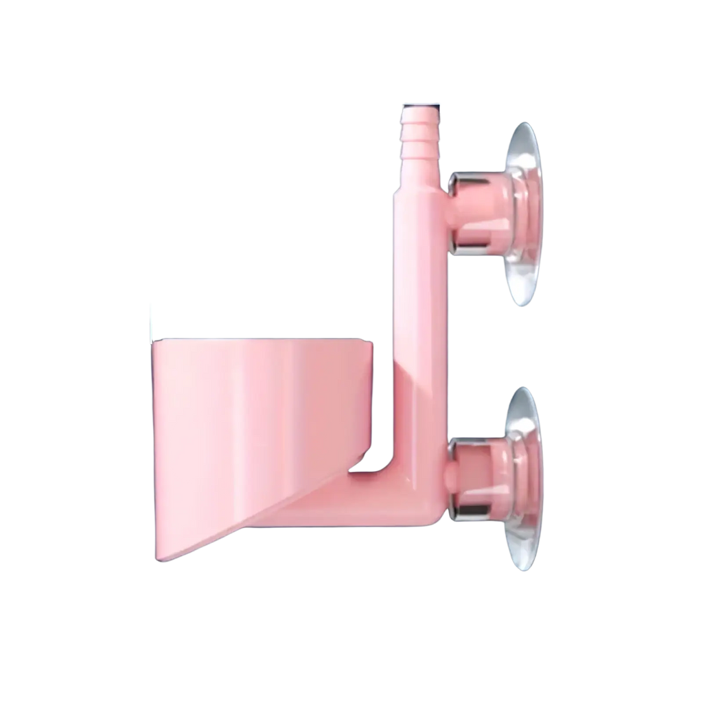 Pink plastic suction cup holder with two mounts and curved compartment for aquarium air pump mini oxygenator