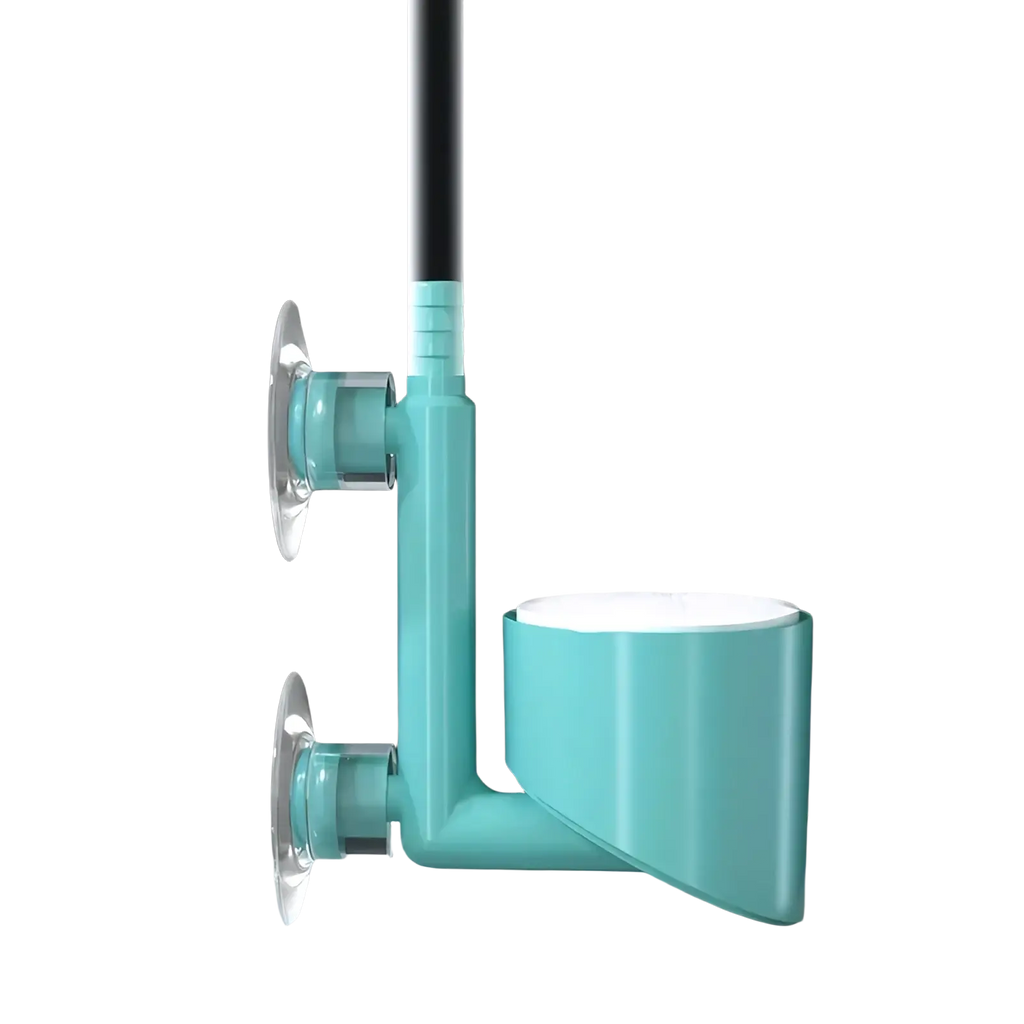 Teal plastic aquarium air pump mini oxygenator with dual suction cups and vertical tube emitting fine bubbles for fish tanks