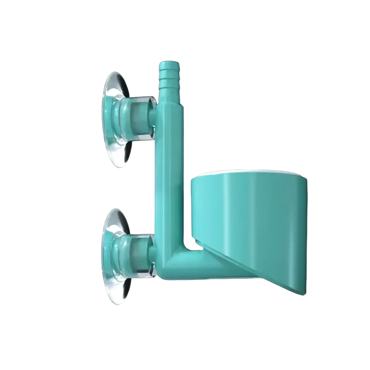 Teal plastic wall-mounted cup holder with two suction cups and curved arm for aquarium air pump mini oxygenator